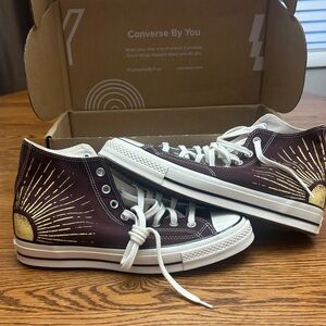 Converse Custom Brown High-Tops with Gold Sunburst